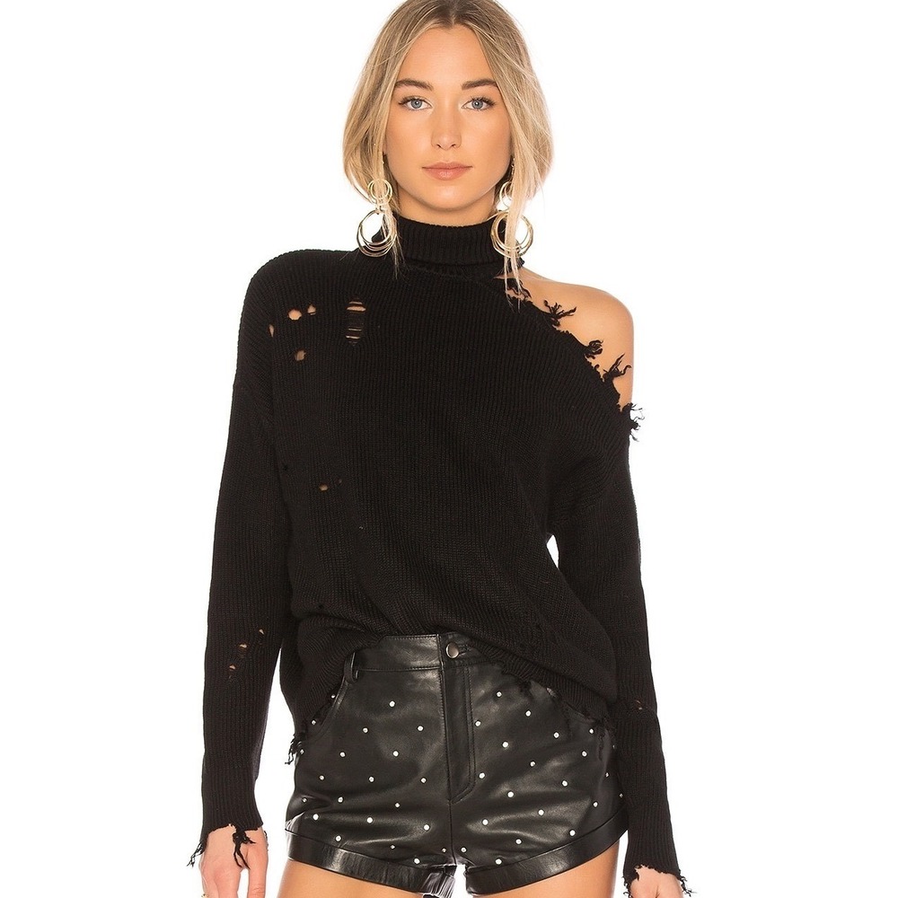 Lovers + Friends Arlington Sweater M Black Distressed Off Shoulder Witchy Grunge